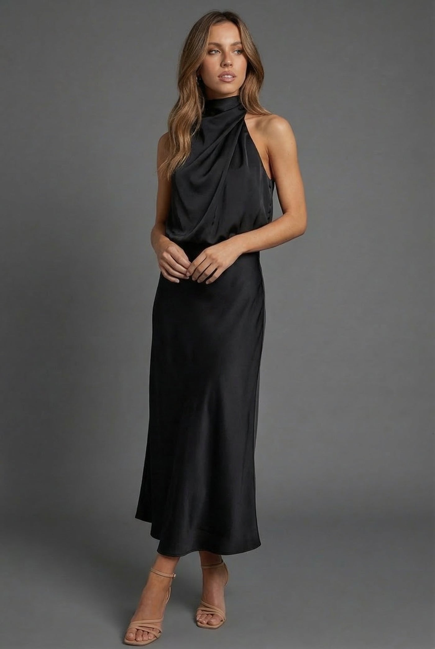 Montarello Women's Halterneck Satin-Look Wedding Guest Midi Dress