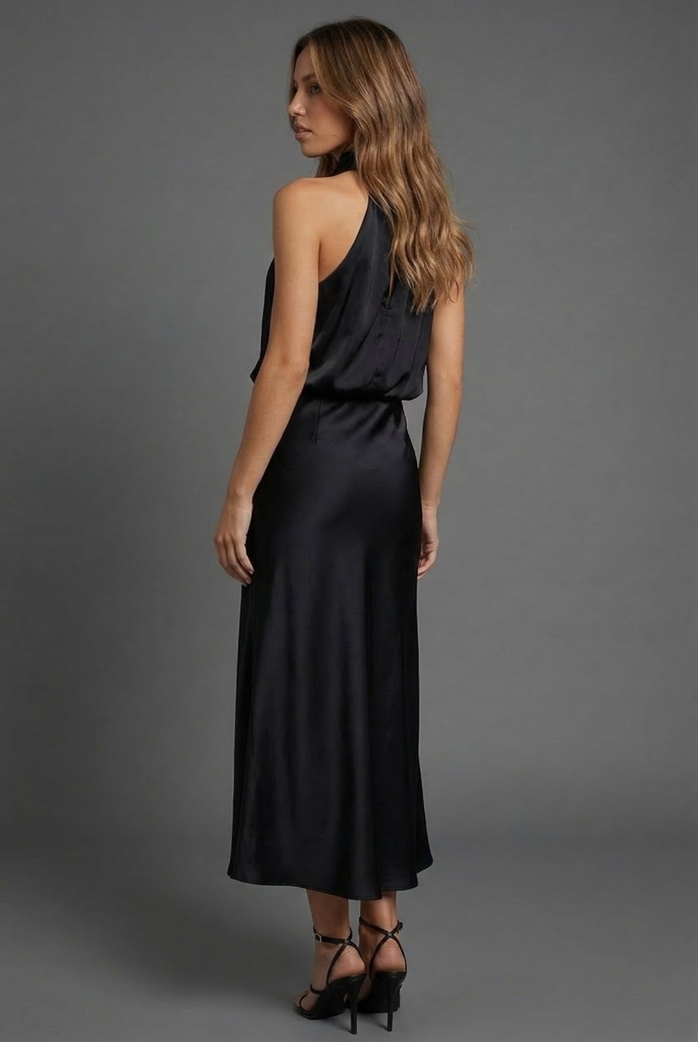 Montarello Women's Halterneck Satin-Look Wedding Guest Midi Dress