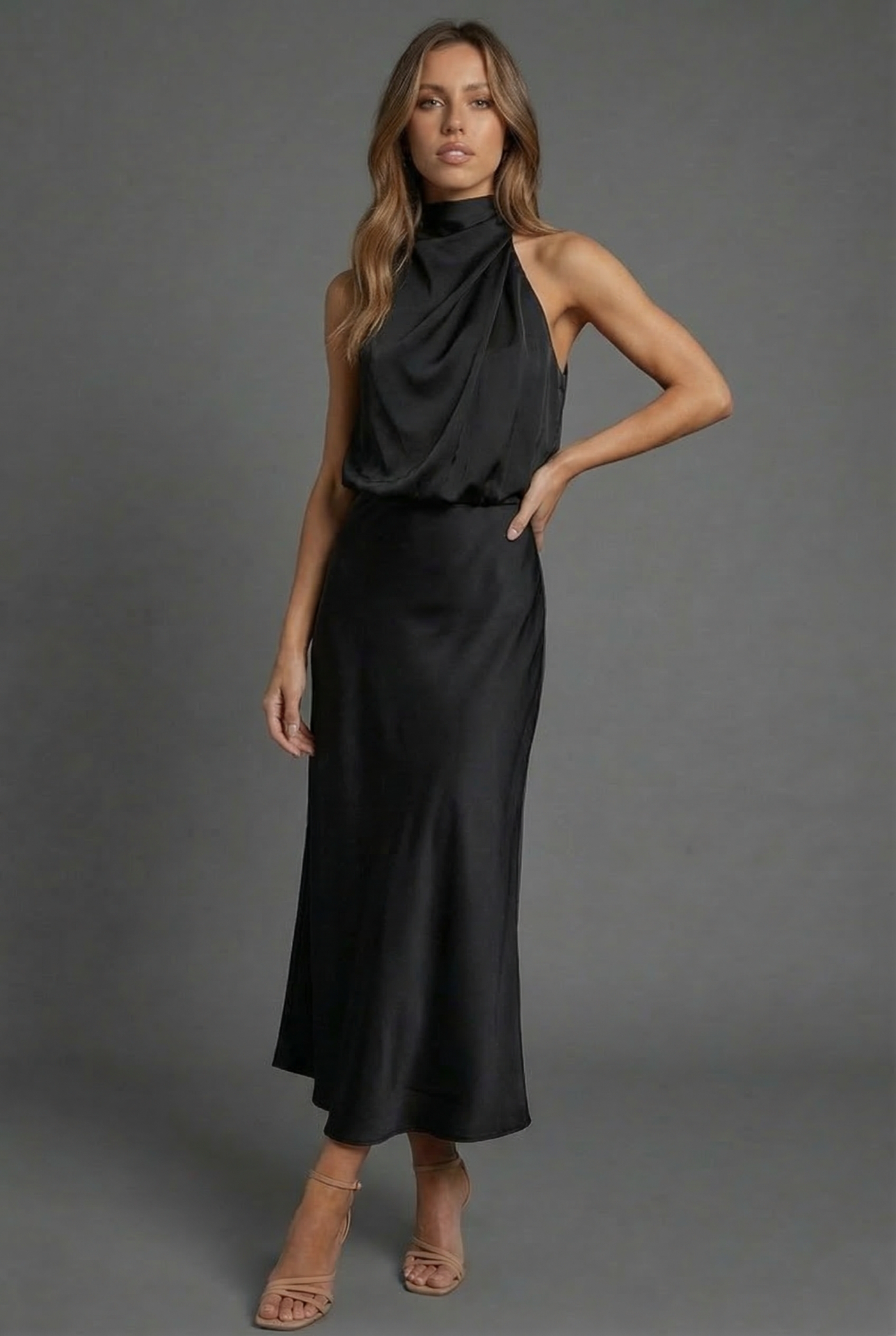 Montarello Women's Halterneck Satin-Look Wedding Guest Midi Dress