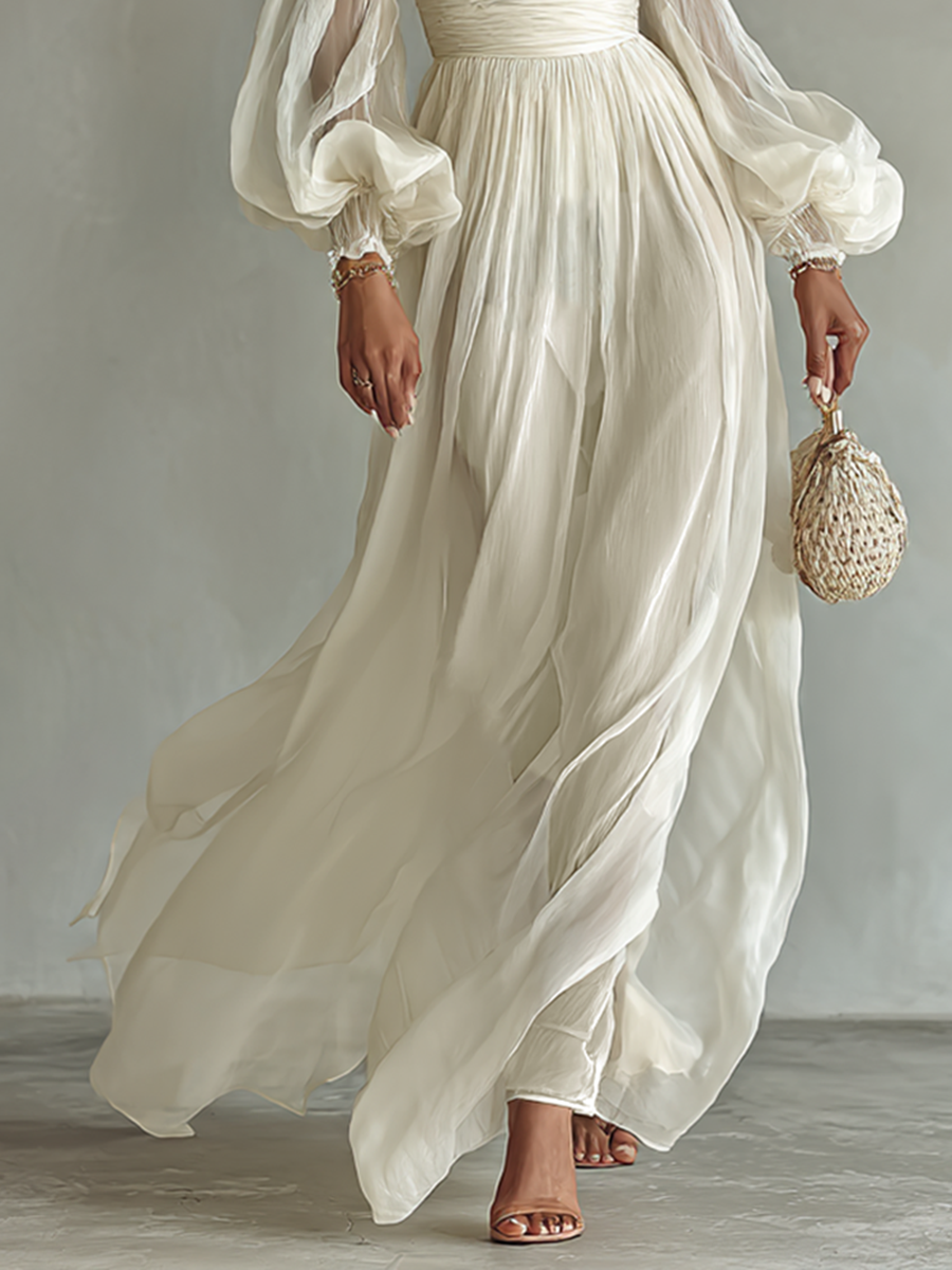 Montarello Women's Chiffon Square Neck Long-Sleeve Maxi Dress