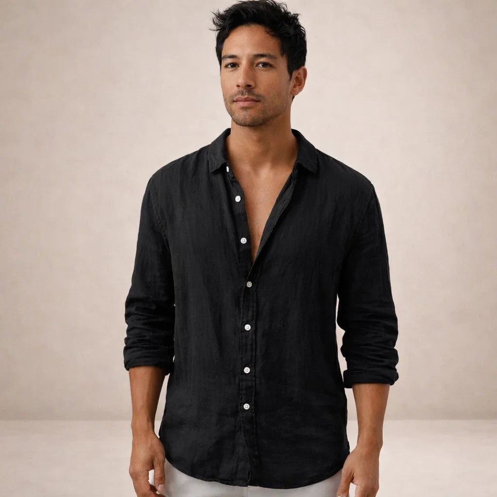 Montarello Men's Linen-Look Open Collar Shirt Long Sleeve