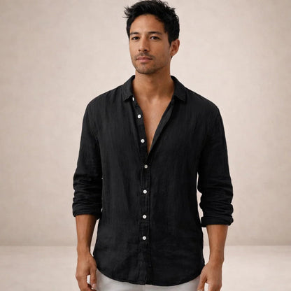 Montarello Men's Linen-Look Open Collar Shirt Long Sleeve