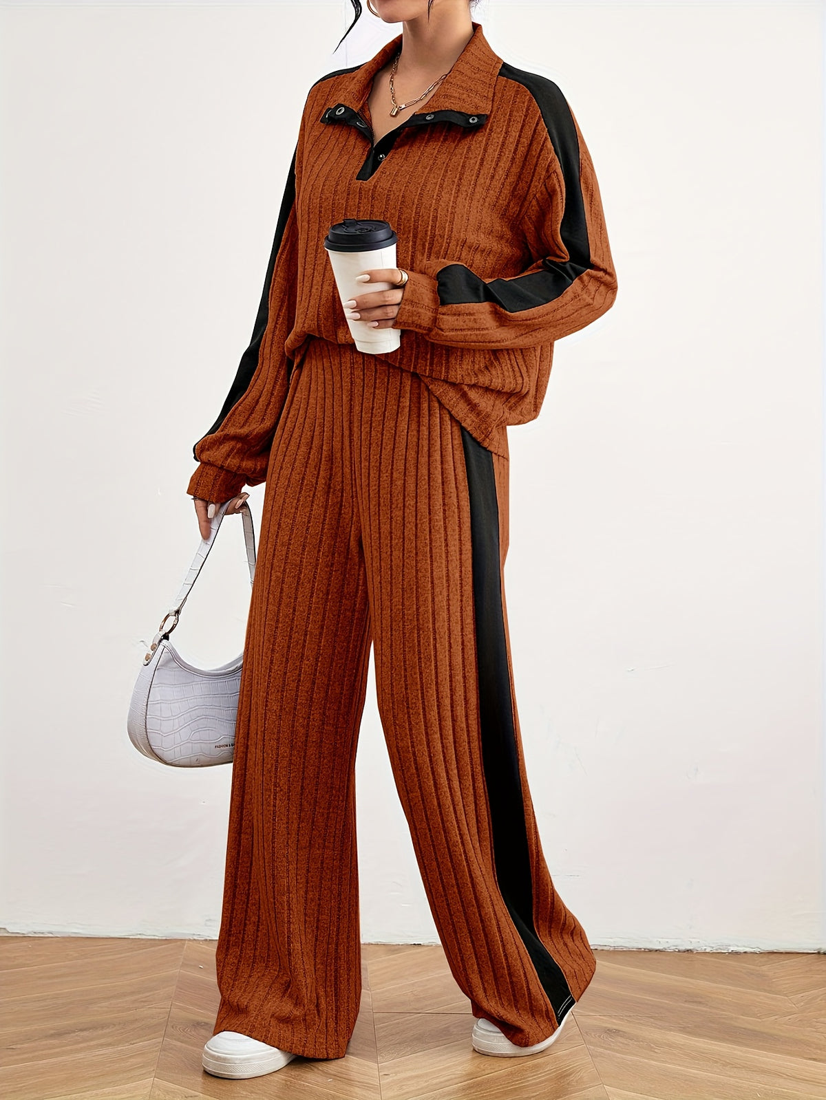 Montarello Women's Lounge Set Striped Knit Contrast Trim Two Piece