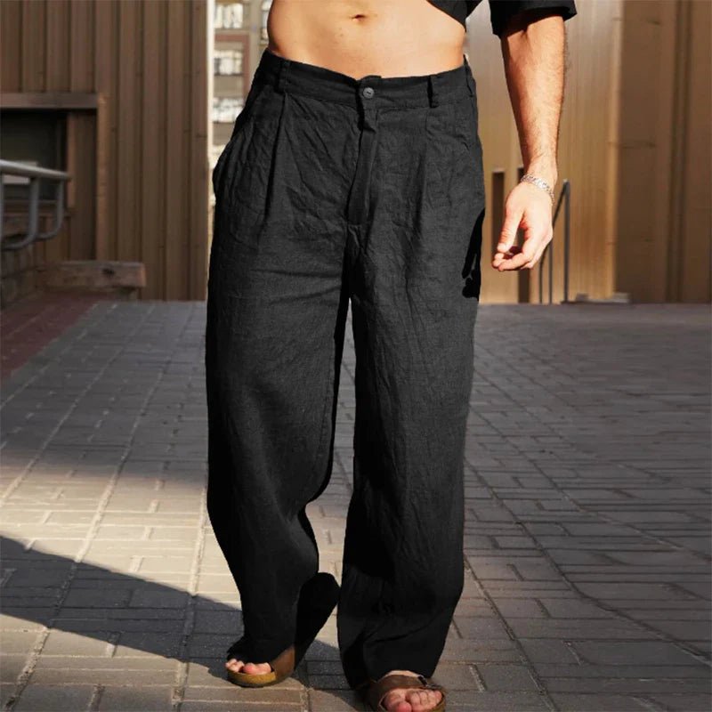 Montarello Men's Wide Leg Pleated Linen-Look Trousers
