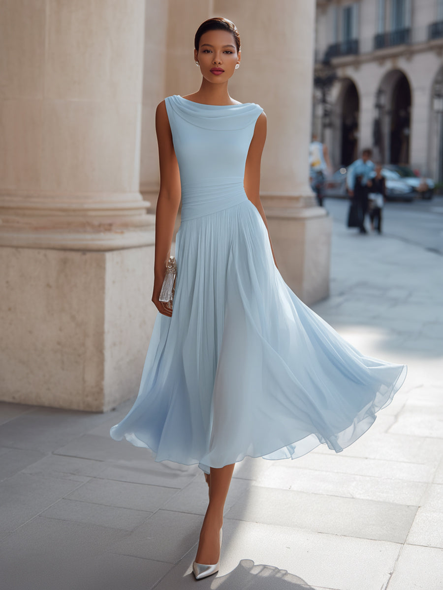 Robe midi plissée sans manches à col bateau pour femme Montarello  