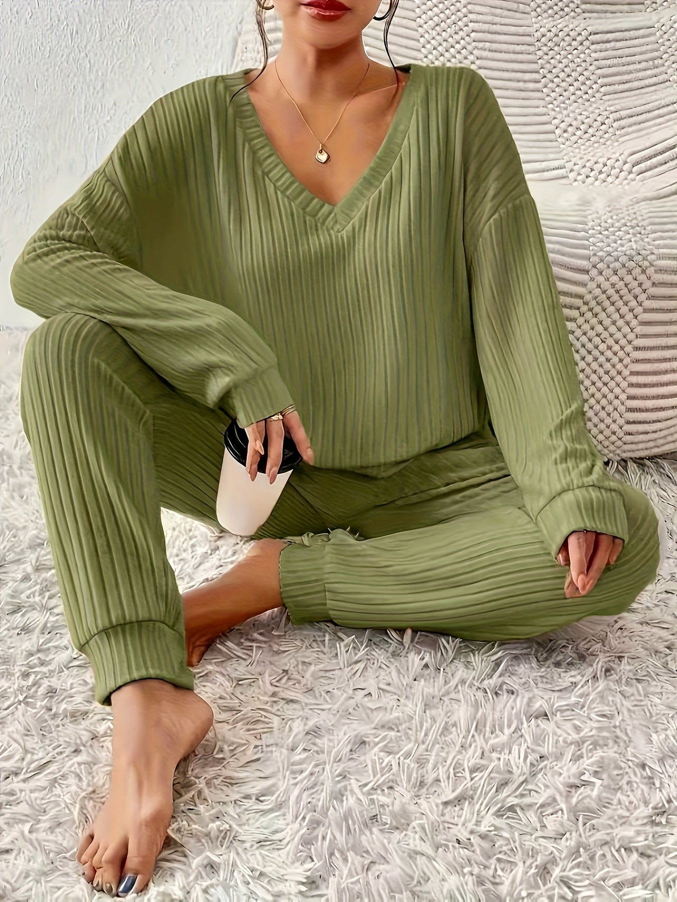 Montarello Women's Lounge Set Ribbed V-Neck Tapered