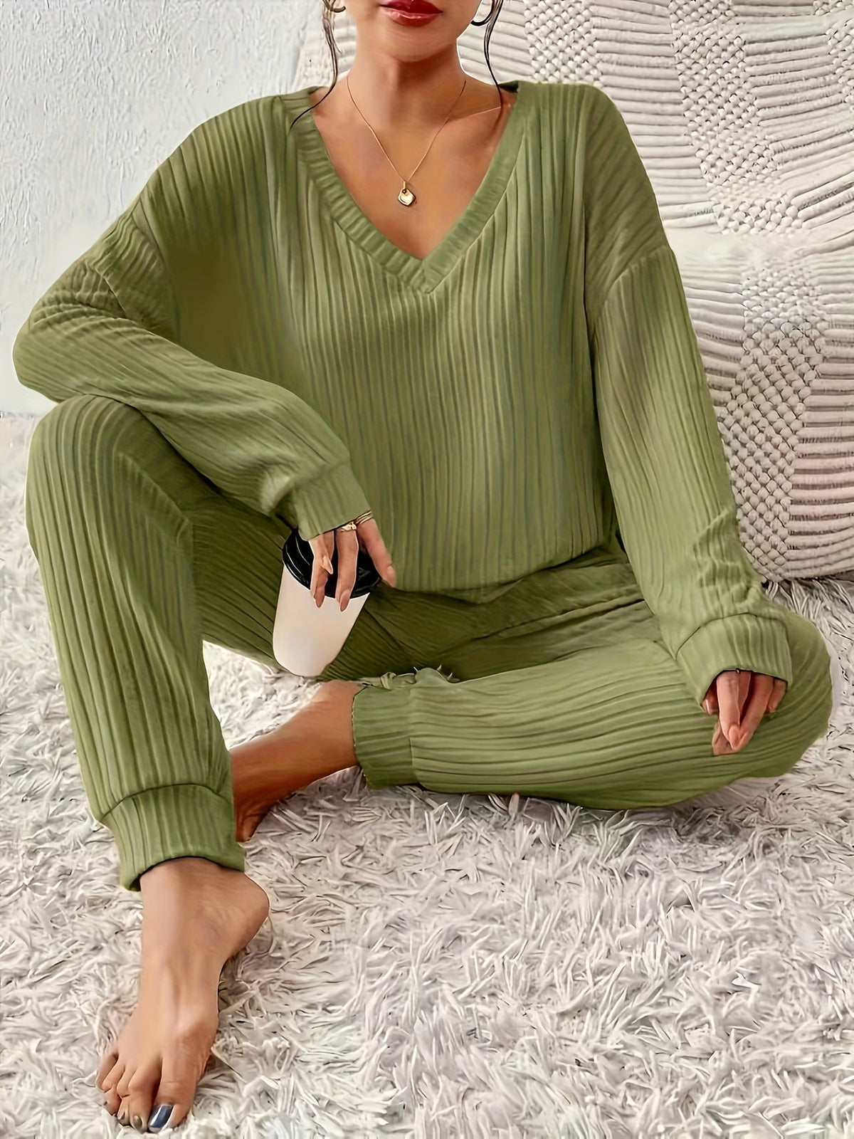 Montarello Women's Lounge Set V Neck Long Sleeve Knitted Two Piece