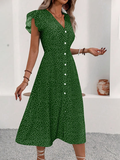 Montarello Polka Dot Ruffle V-Neck Midi Dress Women's