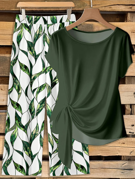 Montarello Leaf Print Women's 2-Piece Top & Trouser Set