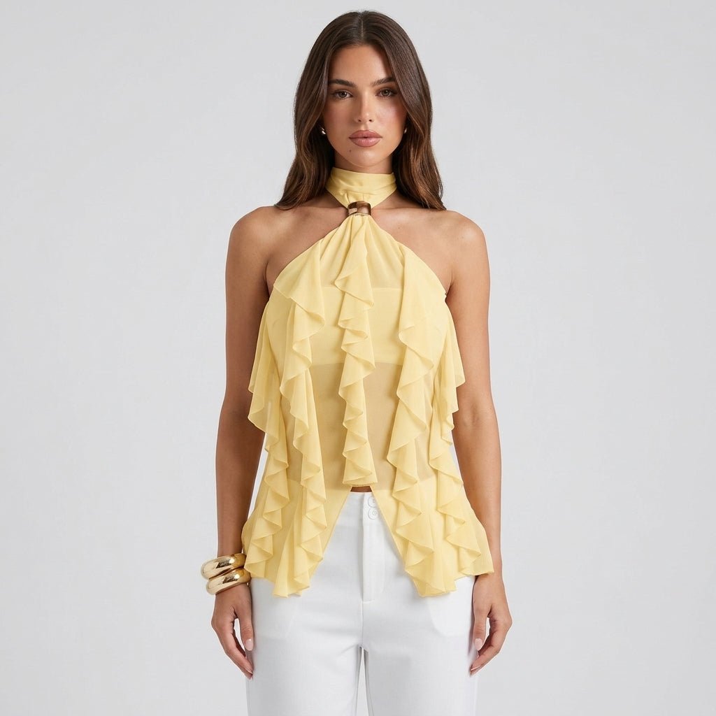 Montarello Women's Sheer Ruffle High-Neck Halter Top