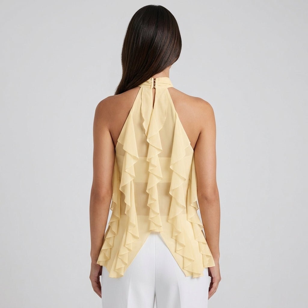 Montarello Women's Sheer Ruffle High-Neck Halter Top
