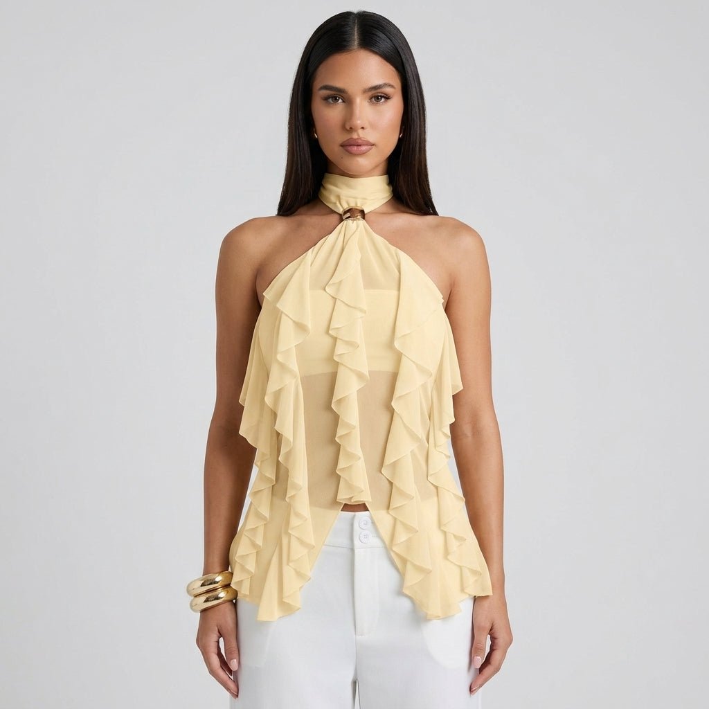 Montarello Women's Sheer Ruffle High-Neck Halter Top