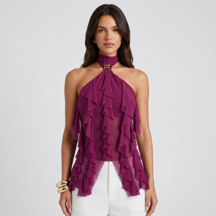 Montarello Women's Sheer Ruffle High-Neck Halter Top