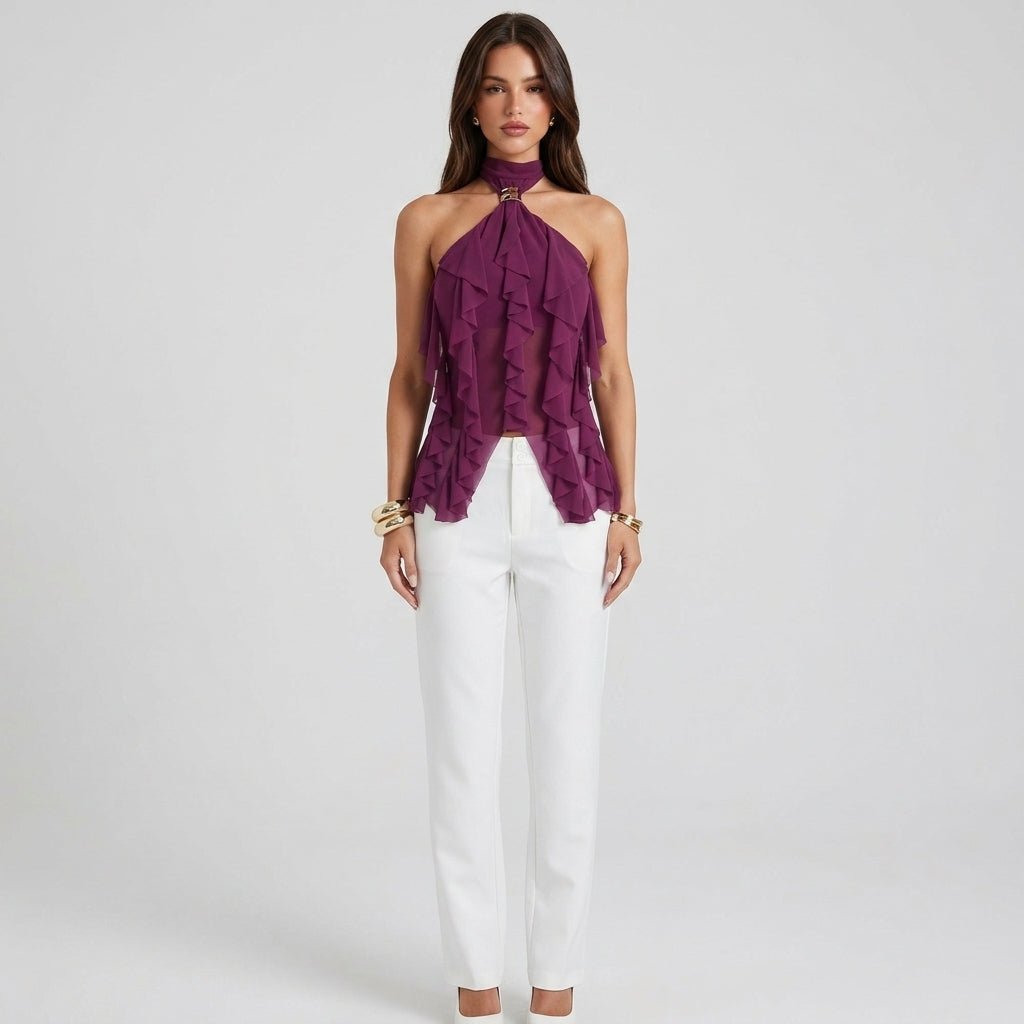 Montarello Women's Sheer Ruffle High-Neck Halter Top