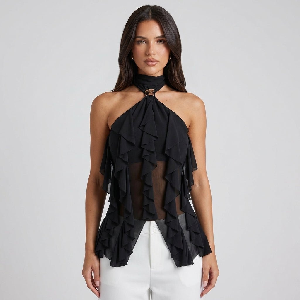Montarello Women's Sheer Ruffle High-Neck Halter Top