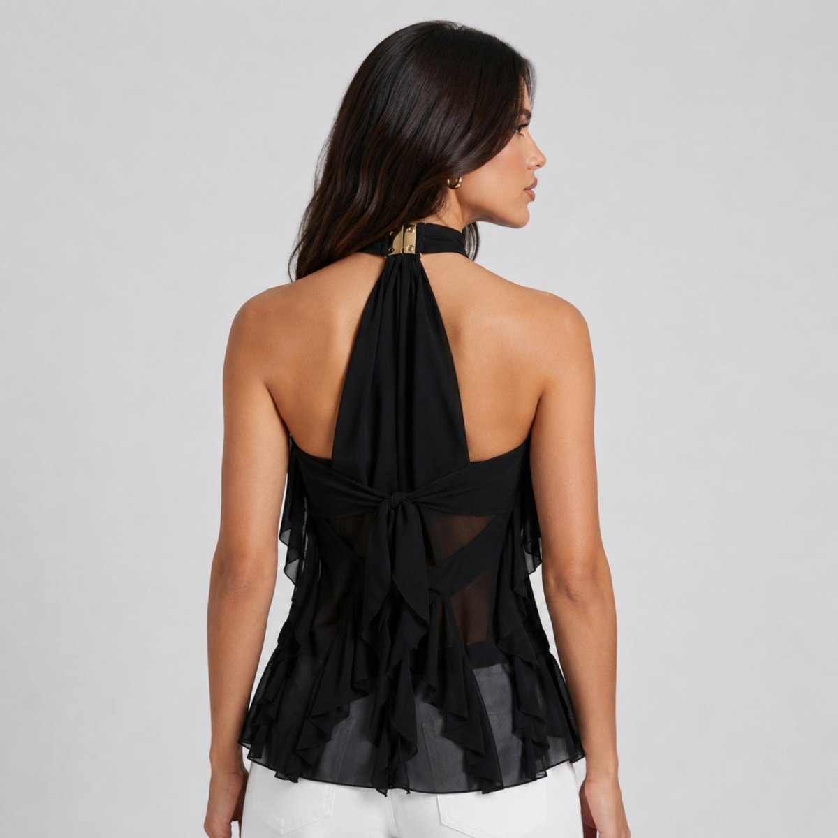 Montarello Women's Sheer Ruffle High-Neck Halter Top