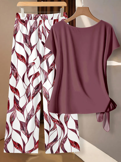 Montarello Leaf Print Women's 2-Piece Top & Trouser Set