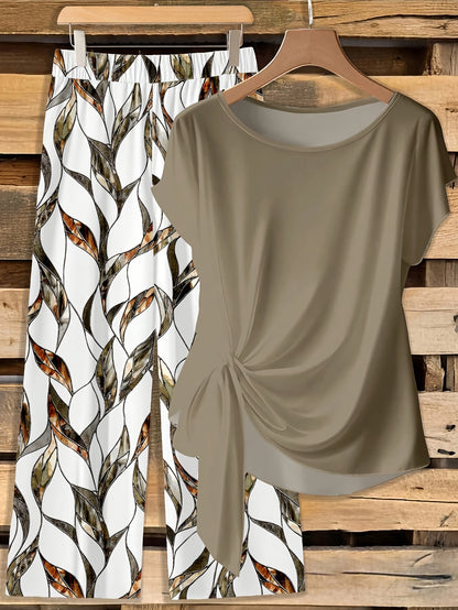 Montarello Leaf Print Women's 2-Piece Top & Trouser Set