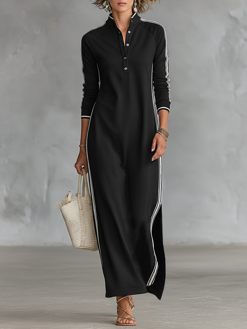 Montarello Women's Long-Sleeve Button Collar Side Stripe Maxi Dress