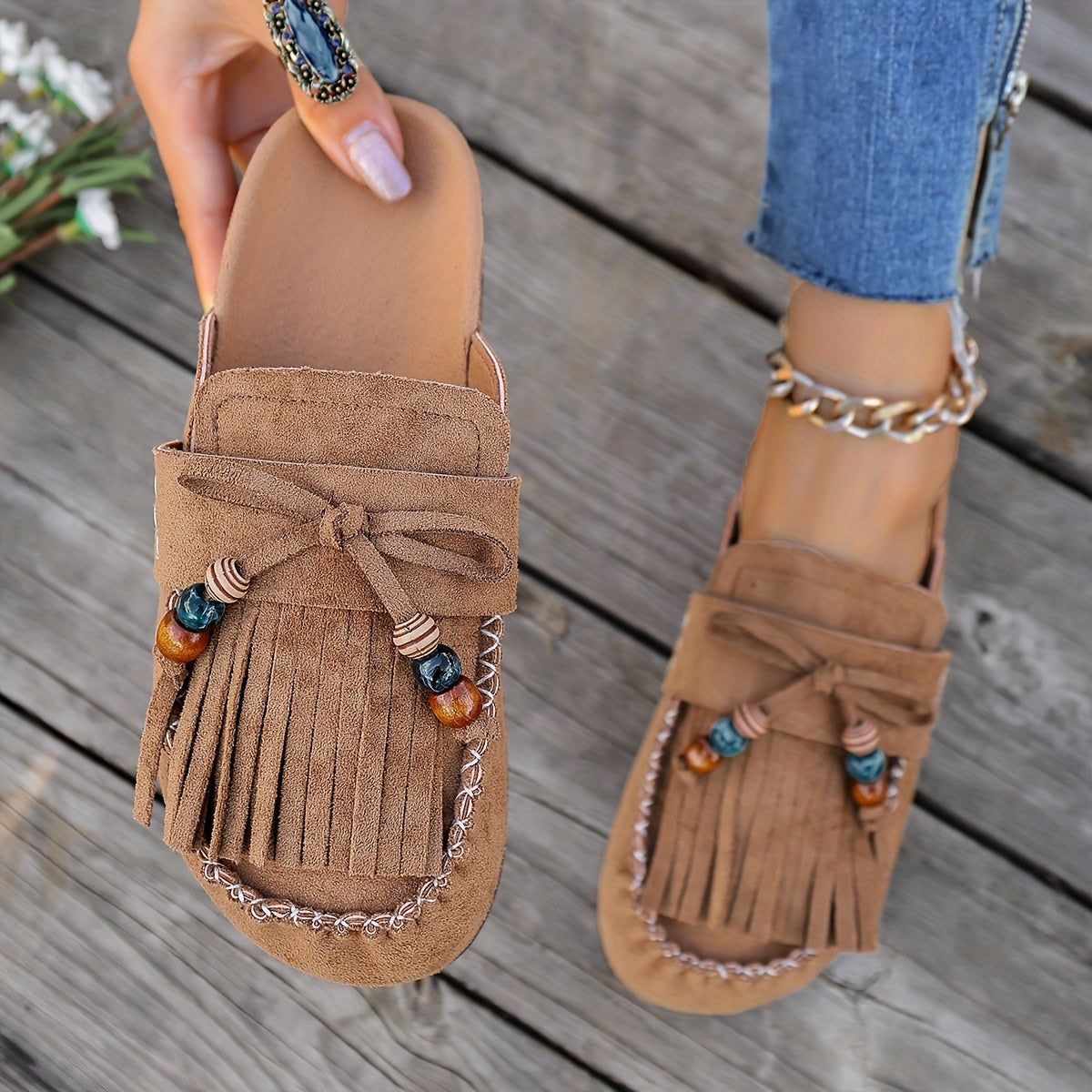 Montarello Tassel Beaded Women's Slip-On Shoes