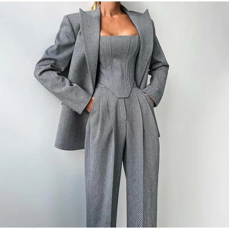 Montarello Women's Corset Top Blazer and Wide-Leg Trouser Suit Set