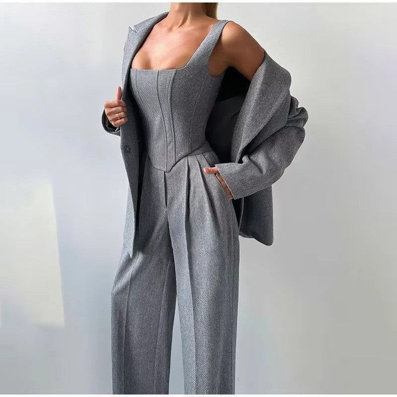 Montarello Women's Corset Top Blazer and Wide-Leg Trouser Suit Set