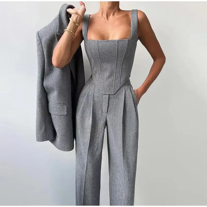 Montarello Women's Corset Top Blazer and Wide-Leg Trouser Suit Set