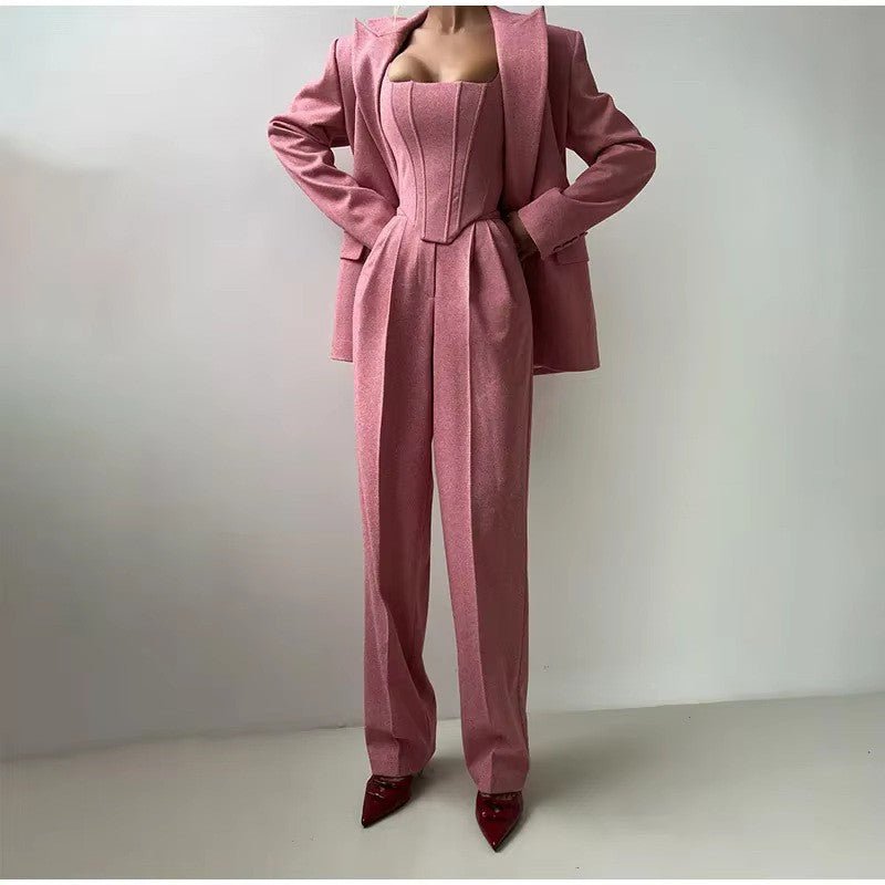 Montarello Women's Corset Top Blazer and Wide-Leg Trouser Suit Set
