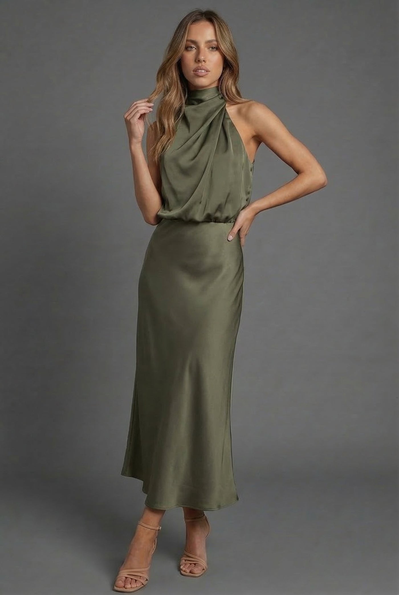 Montarello Women's Halterneck Satin-Look Wedding Guest Midi Dress