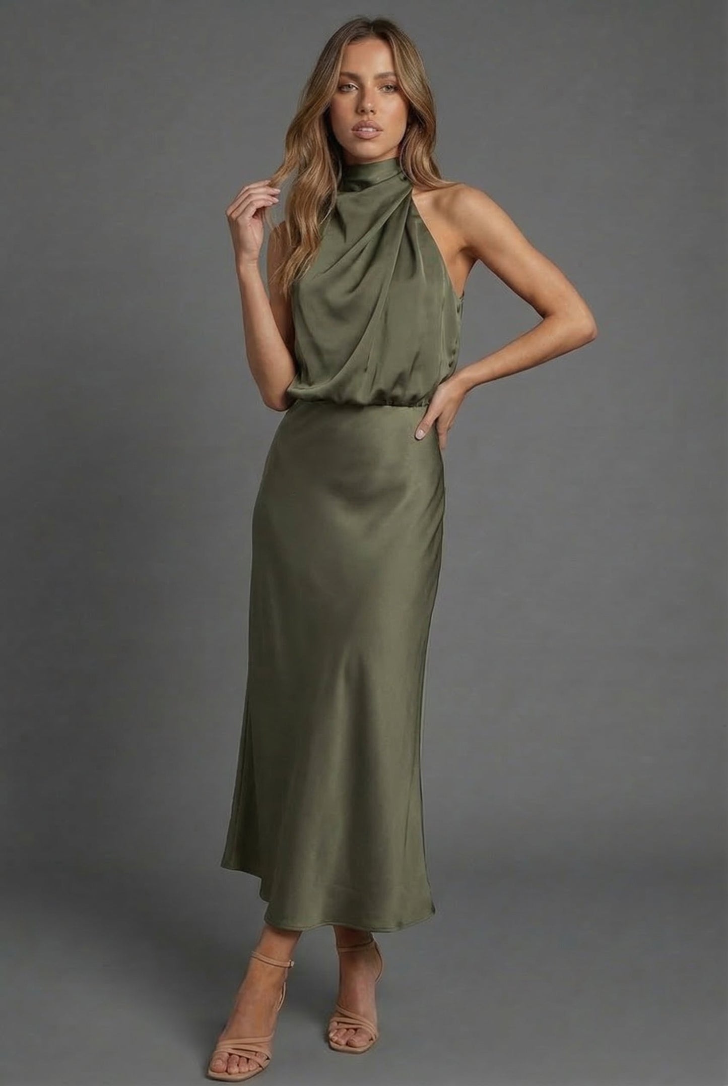 Montarello Women's Halterneck Satin-Look Wedding Guest Midi Dress