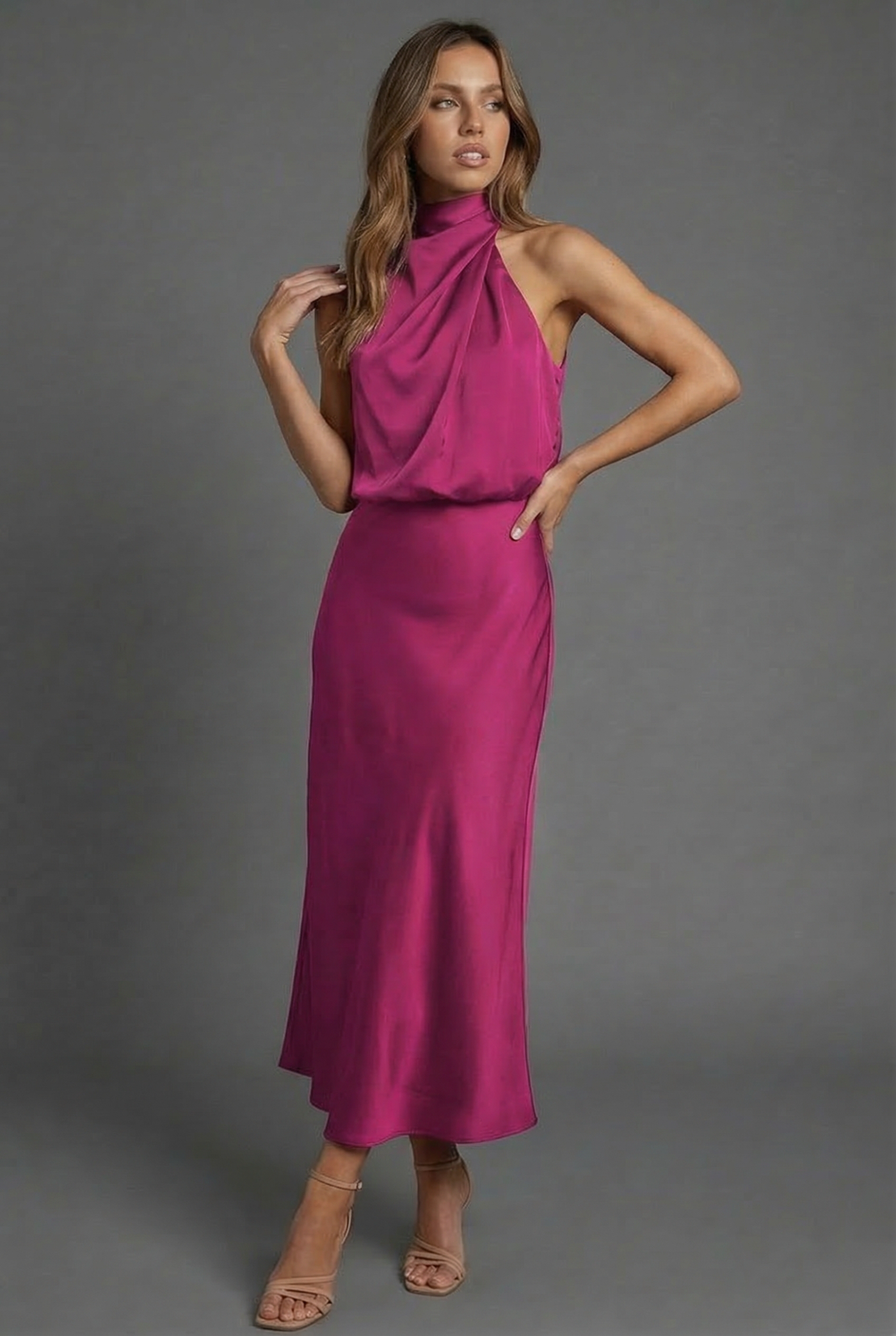 Montarello Women's Halterneck Satin-Look Wedding Guest Midi Dress