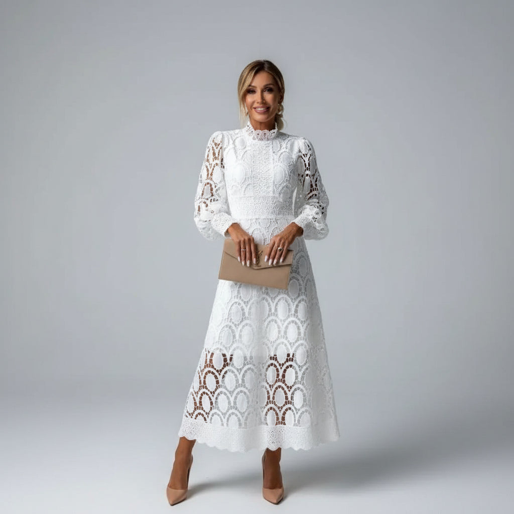 Montarello Women's Long-Sleeve Lace Wedding Guest Midi Dress