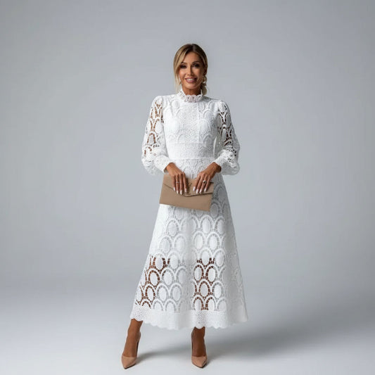 Montarello Women's Long-Sleeve Lace Wedding Guest Midi Dress