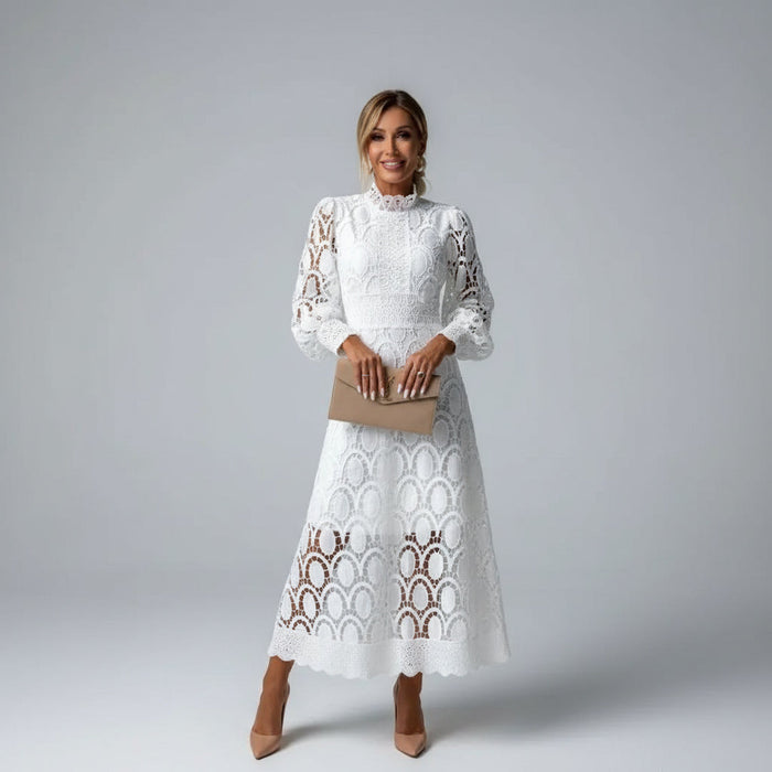 Montarello Women's Long-Sleeve Lace Wedding Guest Midi Dress