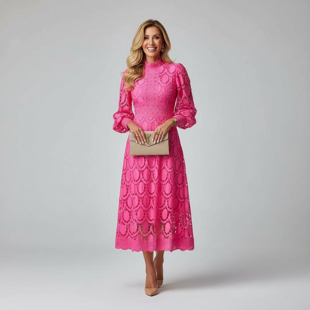Montarello Women's Long-Sleeve Lace Wedding Guest Midi Dress