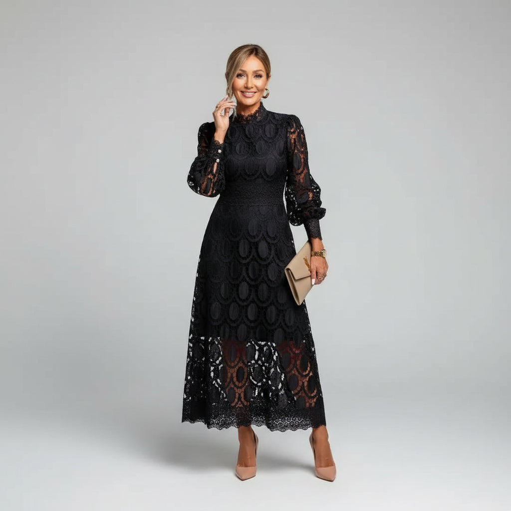 Montarello Women's Long-Sleeve Lace Wedding Guest Midi Dress