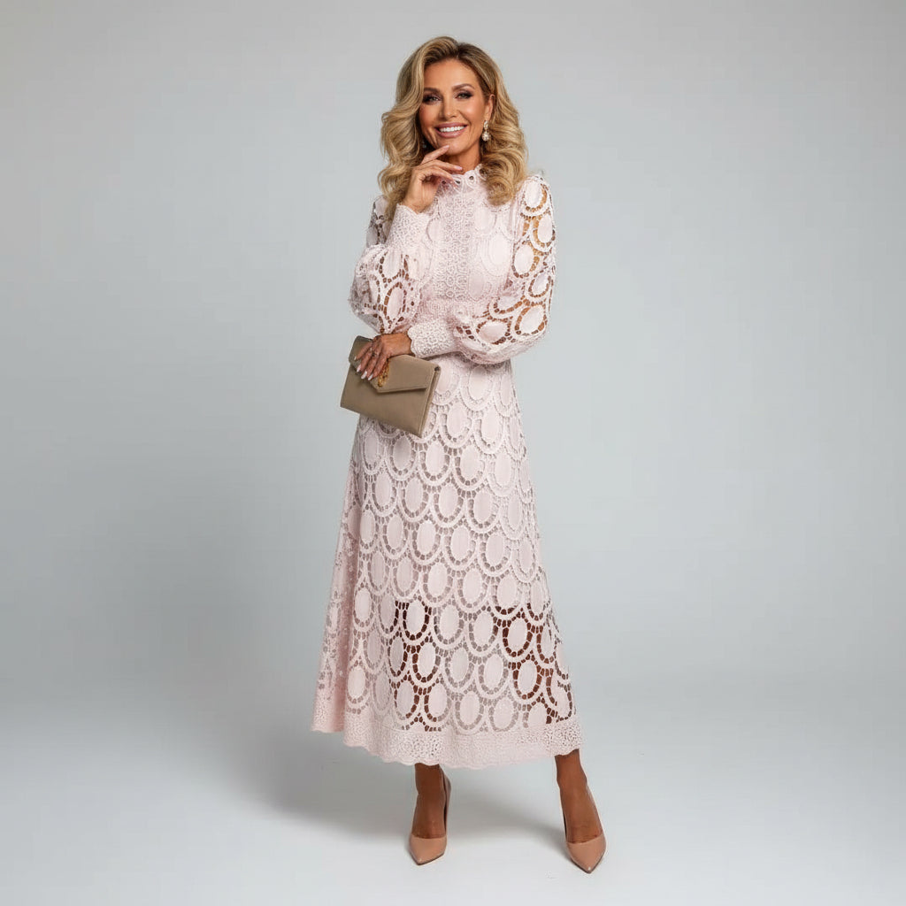 Montarello Women's Long-Sleeve Lace Wedding Guest Midi Dress