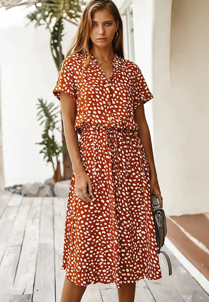 Montarello Women's Ditsy Print V-Neck Midi Dress Short Sleeve