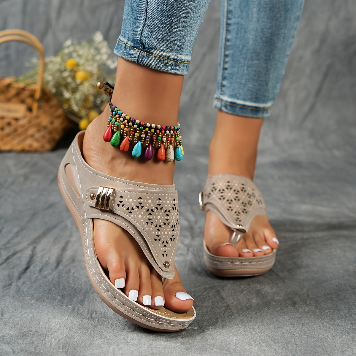 Montarello Women's Beaded Platform Wedge Thong Sandals