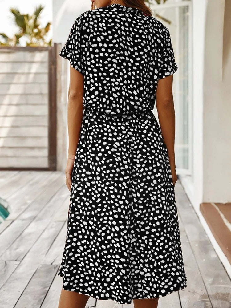 Montarello Women's Ditsy Print V-Neck Midi Dress Short Sleeve