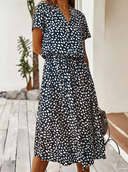 Montarello Women's Ditsy Print V-Neck Midi Dress Short Sleeve