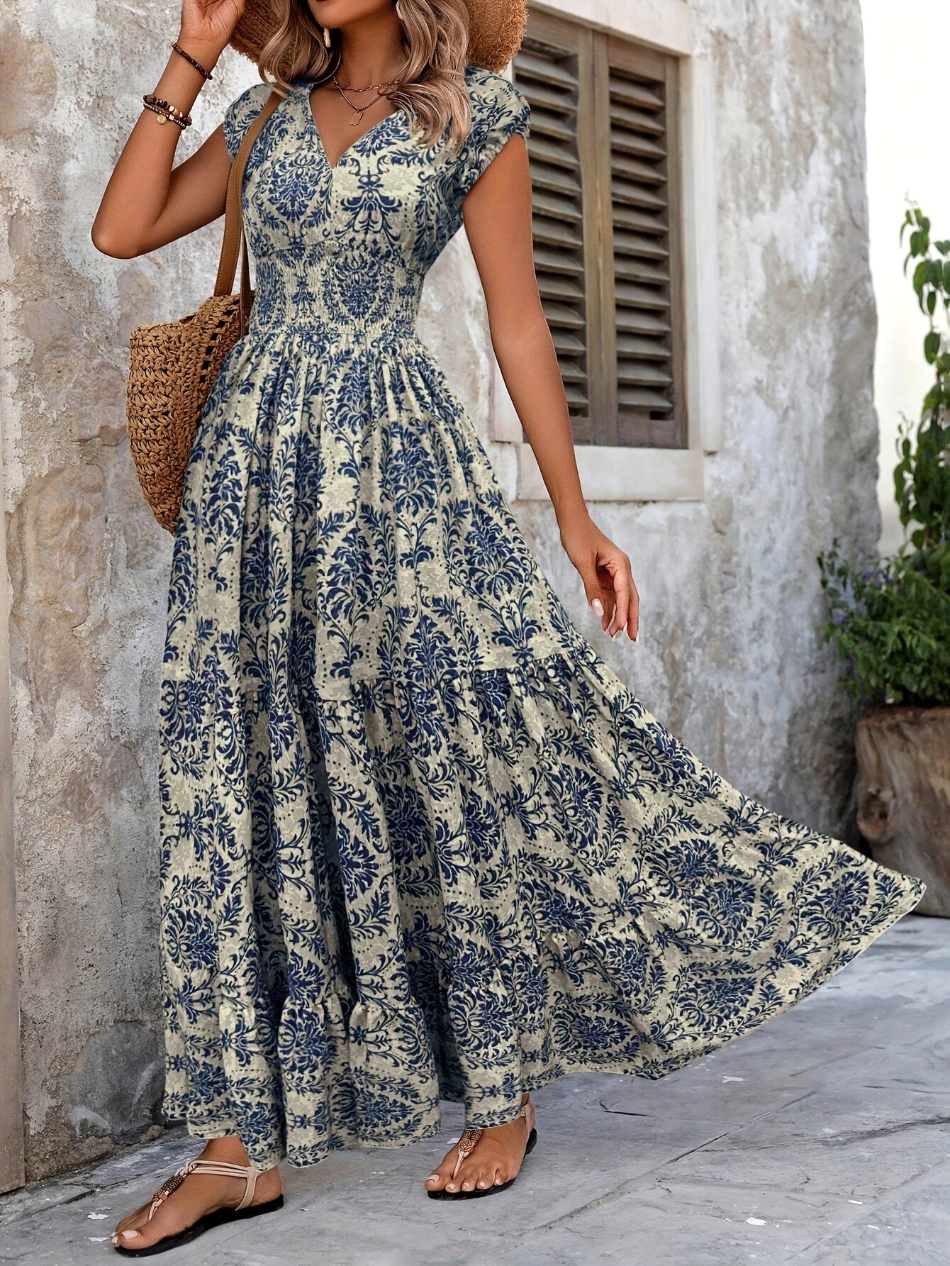 Montarello Paisley Print Smocked Maxi Dress Women's