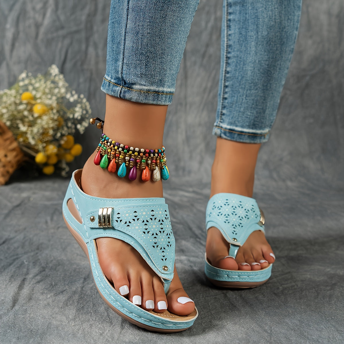 Montarello Women's Beaded Platform Wedge Thong Sandals