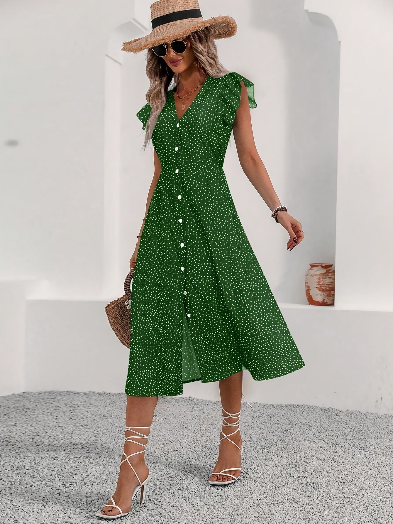 Montarello Polka Dot Ruffle V-Neck Midi Dress Women's