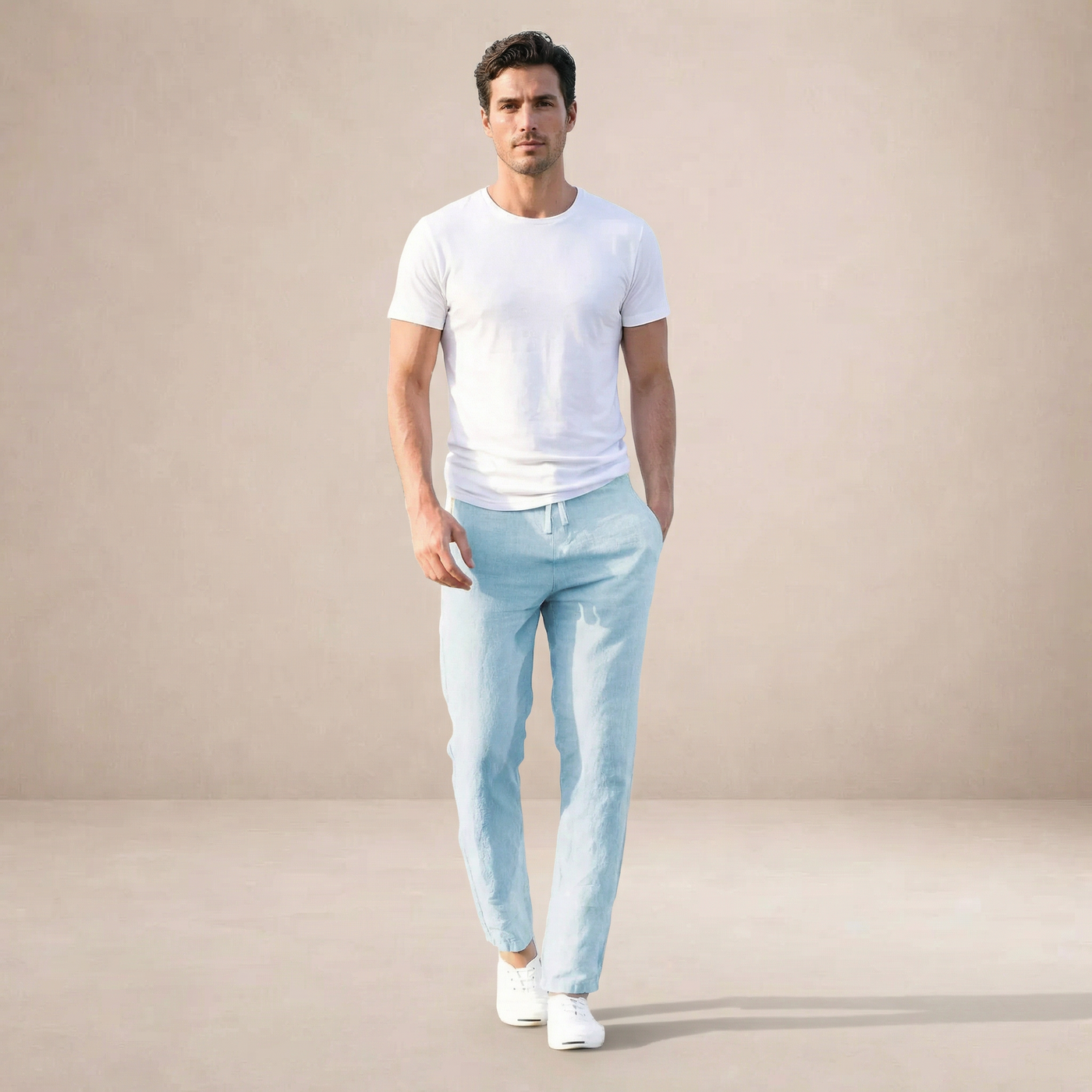 Montarello Men's Straight-Leg Linen-Look Elastic Waist Summer Trousers