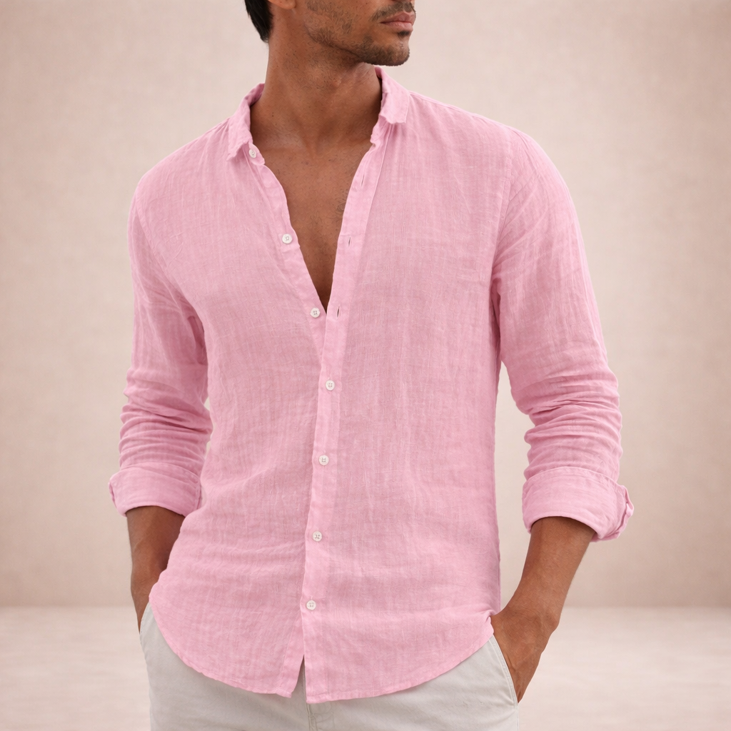 Montarello Men's Linen-Look Open Collar Shirt Long Sleeve