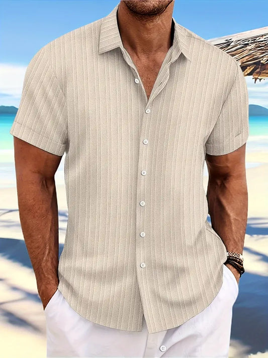 Montarello Men's Ribbed Short Sleeve Button-Down Shirt