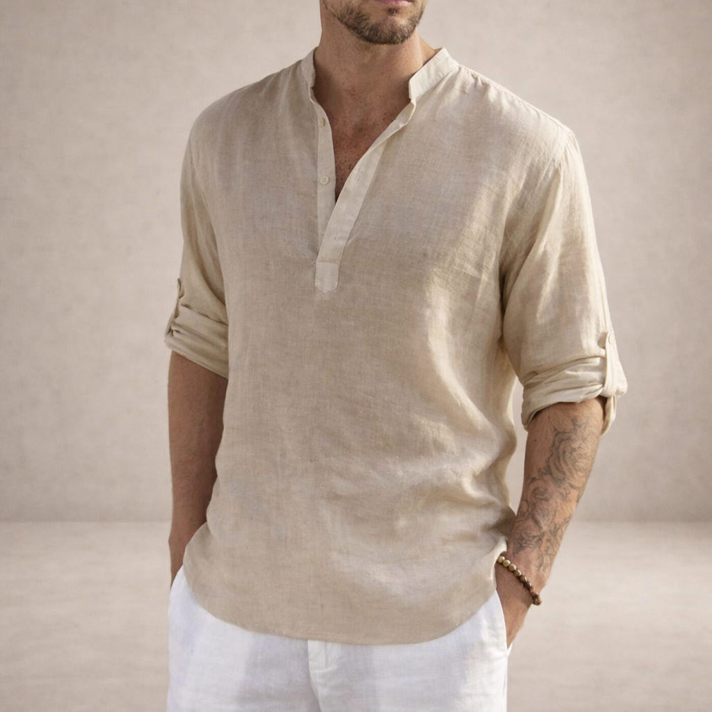 Montarello Men's Linen-Look Stand Collar Shirt Long Sleeve