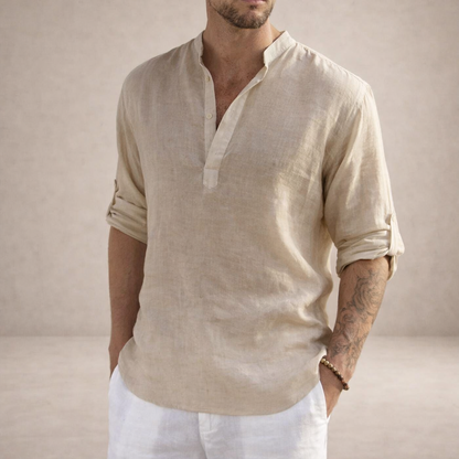 Montarello Men's Linen-Look Stand Collar Shirt Long Sleeve