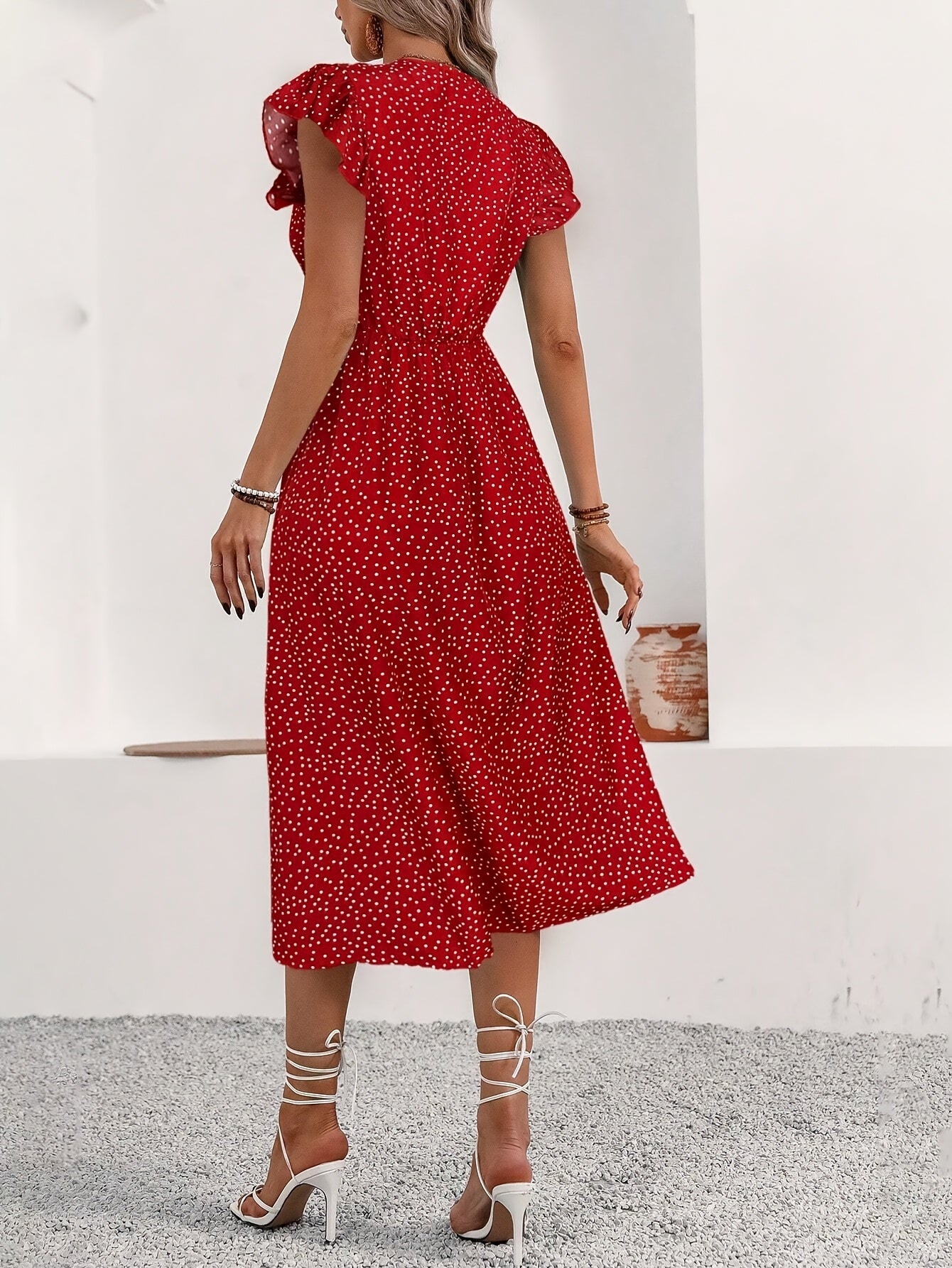 Montarello Polka Dot Ruffle V-Neck Midi Dress Women's